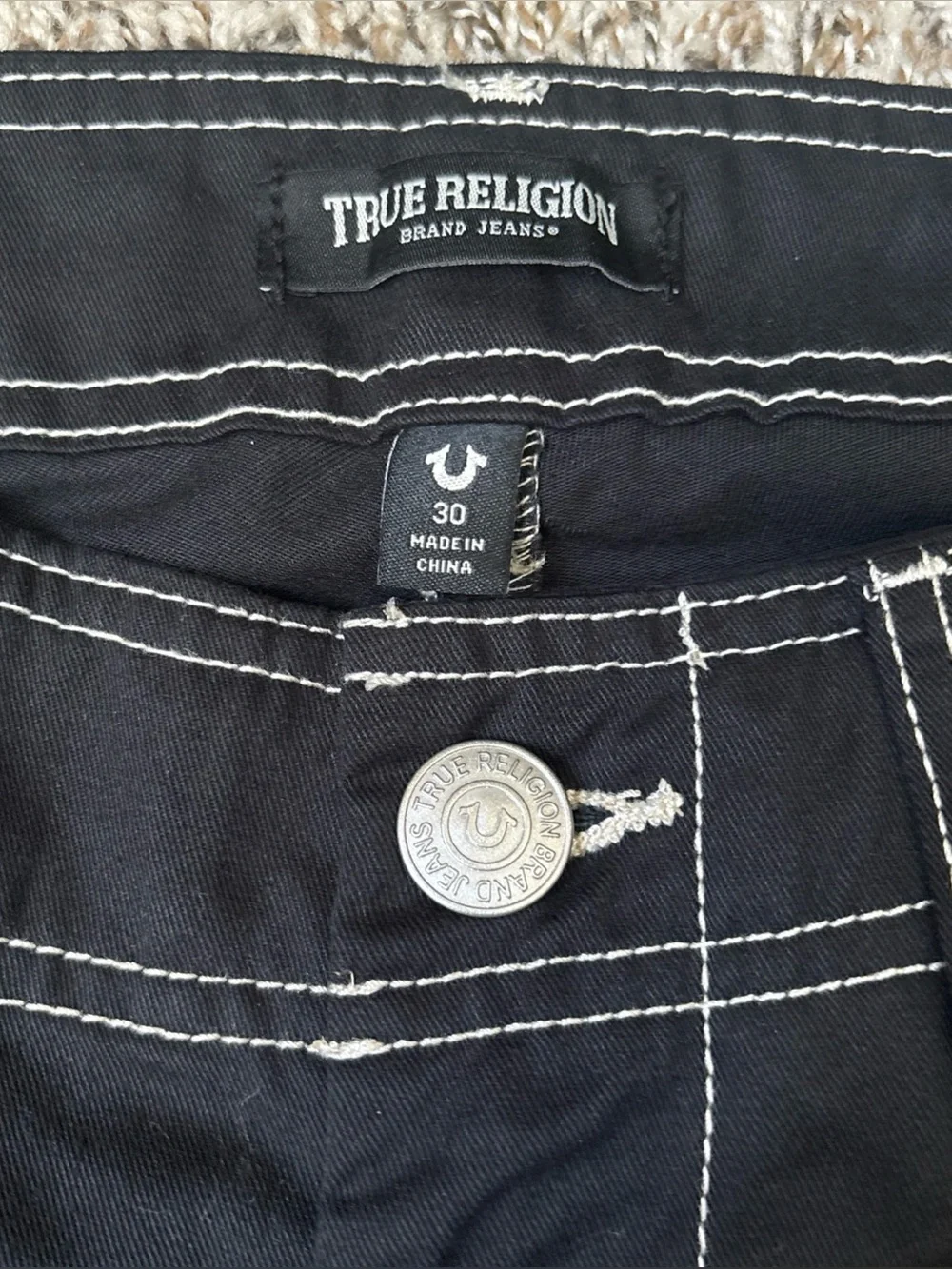 True Religion Black Cargo Pants with White Contrast Stitching